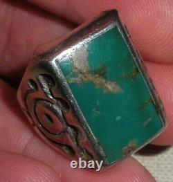 VINTAGE NAVAJO TURQUOISE EARLY STAMPWORK STERLING SILVER RING SIZE 9 vafo