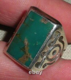 VINTAGE NAVAJO TURQUOISE EARLY STAMPWORK STERLING SILVER RING SIZE 9 vafo