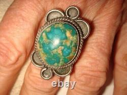 VTG. EARLY OLD PAWN NAVAJO 10 gr. STERLING SILVER & AQUA GREEN TURQUOISE RING 7