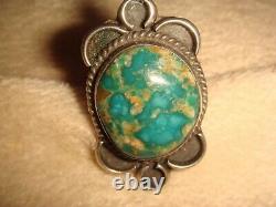 VTG. EARLY OLD PAWN NAVAJO 10 gr. STERLING SILVER & AQUA GREEN TURQUOISE RING 7