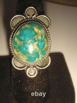 VTG. EARLY OLD PAWN NAVAJO 10 gr. STERLING SILVER & AQUA GREEN TURQUOISE RING 7