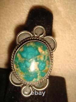 VTG. EARLY OLD PAWN NAVAJO 10 gr. STERLING SILVER & AQUA GREEN TURQUOISE RING 7