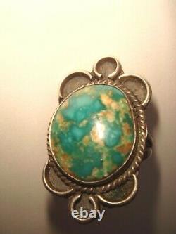 VTG. EARLY OLD PAWN NAVAJO 10 gr. STERLING SILVER & AQUA GREEN TURQUOISE RING 7