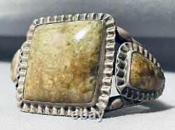 Very Early Huge Vintage Navajo Olive Green Turquoise Sterling Silver Bracelet