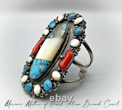 Very Early-RARE KIRK SMITH-Morenci Turquoise-MOP-Italian Branch Coral-925 Cuff