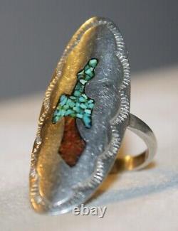 Very Early Tommy Singer Sterling Silver Turquoise Coral Chip Peyote Bird Ring