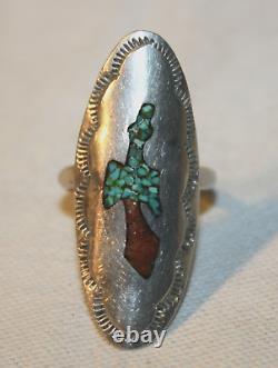 Very Early Tommy Singer Sterling Silver Turquoise Coral Chip Peyote Bird Ring