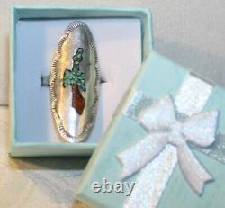 Very Early Tommy Singer Sterling Silver Turquoise Coral Chip Peyote Bird Ring