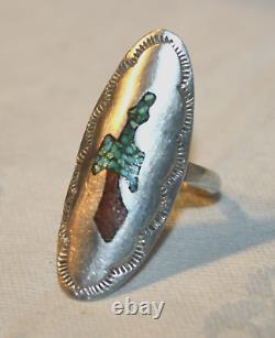 Very Early Tommy Singer Sterling Silver Turquoise Coral Chip Peyote Bird Ring