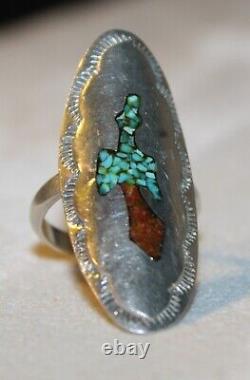 Very Early Tommy Singer Sterling Silver Turquoise Coral Chip Peyote Bird Ring