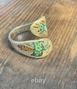 Very Early Tommy Singer Sterling Silver Turquoise Coral Peyote Rain Bird Ring