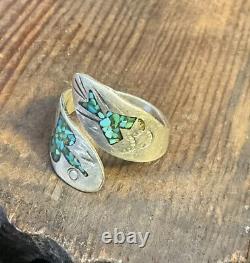 Very Early Tommy Singer Sterling Silver Turquoise Coral Peyote Rain Bird Ring