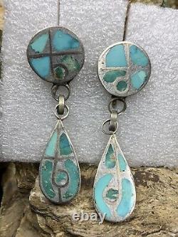 Vintage, 1940's Native American Sterling Silver & Turquoise Inlay Zuni Earrings