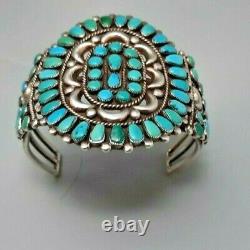 Vintage EARLY Sterling SILVER and TURQUOISE PETITE POINT CLUSTER CUFF BRACELET