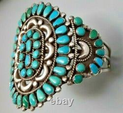 Vintage EARLY Sterling SILVER and TURQUOISE PETITE POINT CLUSTER CUFF BRACELET