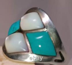 Vintage Early 70's Navajo 4x Theme Turquoise & Pearl Ring 10.5