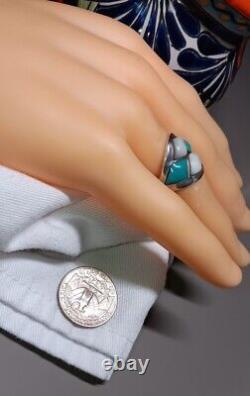 Vintage Early 70's Navajo 4x Theme Turquoise & Pearl Ring 10.5