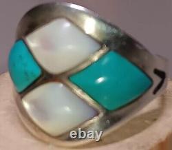 Vintage Early 70's Navajo 4x Theme Turquoise & Pearl Ring 10.5