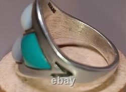 Vintage Early 70's Navajo 4x Theme Turquoise & Pearl Ring 10.5