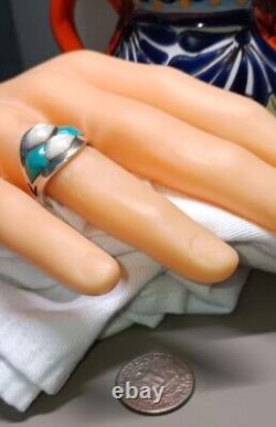 Vintage Early 70's Navajo 4x Theme Turquoise & Pearl Ring 10.5