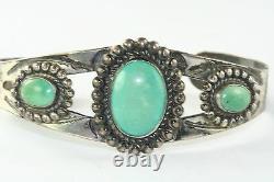Vintage Early Bell Trading Post Tooled Sterling Silver Turquoise Cuff Bracelet
