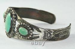 Vintage Early Bell Trading Post Tooled Sterling Silver Turquoise Cuff Bracelet