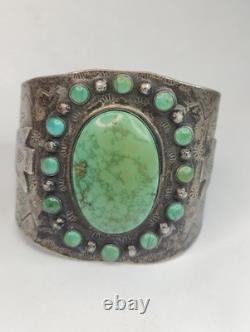 Vintage Early Fred Harvey Large Green Rhinestone Cuff Bracelet