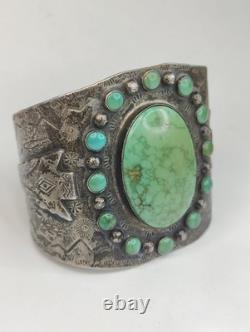 Vintage Early Fred Harvey Large Green Rhinestone Cuff Bracelet