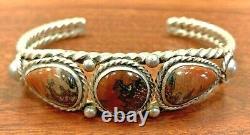 Vintage Early Fred Harvey Silver 3 Petrified Wood Cabochons Open Cuff Bracelet