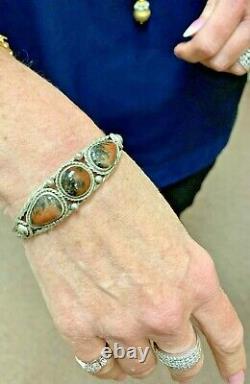 Vintage Early Fred Harvey Silver 3 Petrified Wood Cabochons Open Cuff Bracelet