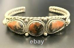 Vintage Early Fred Harvey Silver 3 Petrified Wood Cabochons Open Cuff Bracelet