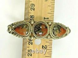 Vintage Early Fred Harvey Silver 3 Petrified Wood Cabochons Open Cuff Bracelet