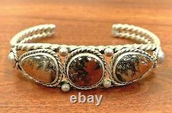 Vintage Early Fred Harvey Silver 3 Petrified Wood Cabochons Open Cuff Bracelet