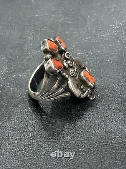 Vintage Early Men's Navajo Coral Kachina Silver Ring Size 9.5-10 Old Pawn