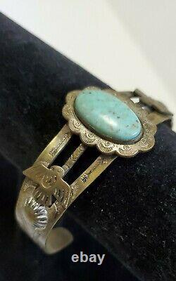 Vintage Early Native American Navajo Sterling Silver Cuff Bracelet W Turquoise