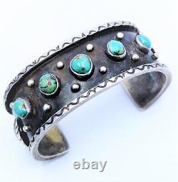 Vintage Early Navajo 5 Turquoise Ingot Burnished Sterling Silver Cuff Bracelet