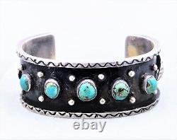 Vintage Early Navajo 5 Turquoise Ingot Burnished Sterling Silver Cuff Bracelet