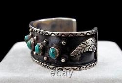 Vintage Early Navajo 5 Turquoise Ingot Burnished Sterling Silver Cuff Bracelet