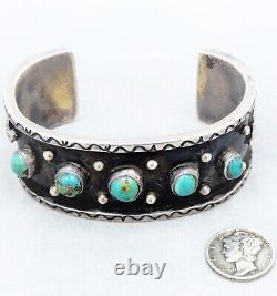 Vintage Early Navajo 5 Turquoise Ingot Burnished Sterling Silver Cuff Bracelet