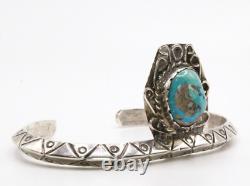 Vintage Early Navajo 70's Sterling Silver Turquoise Carinated Cuff Bracelet