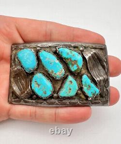 Vintage Early Navajo Sterling Silver Blue Turquoise Cast Belt Buckle 3 -82.6g