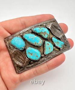 Vintage Early Navajo Sterling Silver Blue Turquoise Cast Belt Buckle 3 -82.6g