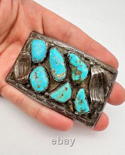 Vintage Early Navajo Sterling Silver Blue Turquoise Cast Belt Buckle 3 -82.6g