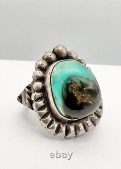 Vintage Early Navajo Sterling Silver Cerrillos Turquoise Stamped Ring 19.6g