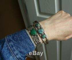 Vintage Early Navajo Sterling Silver Turquoise Cuff Bracelet Large Size