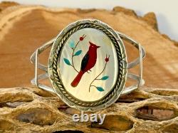 Vintage Early Richard Begay Sterling Silver Cardinal Inlay Cuff Bracelet-2191.25