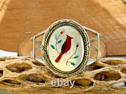 Vintage Early Richard Begay Sterling Silver Cardinal Inlay Cuff Bracelet-2191.25
