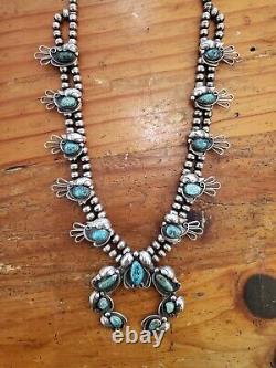 Vintage Early Turquoise Sterling Silver Navajo Nadja Squash Blossom Necklace