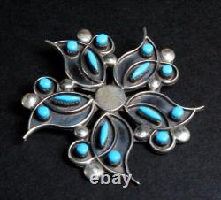 Vintage Early Zuni Swirl Star Petit Point Needle Point Turquoise Sterling Pin Pe