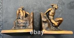 Vintage Jennings Bros. Native American Awaiting the Prey Bookends Copper Finish